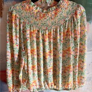 LOFT Floral Smocked Yoke Blouse in Peach, Yellow & Green